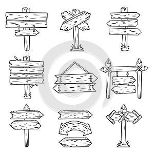 Doodle wood signs. Hand drawn wooden signpost and arrows sketch. Retro street road sign post showing direction isolated vector set