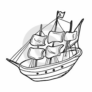 Doodle wooden ship with sails. Navigation vector illustration. Cartoon ship sketch