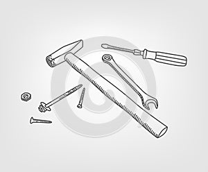 Doodle working tools. Under construction concept composition. Vector illustration