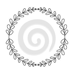 Doodle wreath monochrome minimalism in hand drawn style on black background. Frame, border template. Vintage vector illustration.