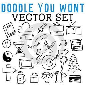 Doodle You Want Vector Set with books, peace signs, hourglasses, phones, briefcases, televisions, thumbtacks, and calculators.