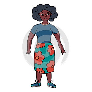 Doodle young fat African American lady in skirt with flowers. Body Positive concept