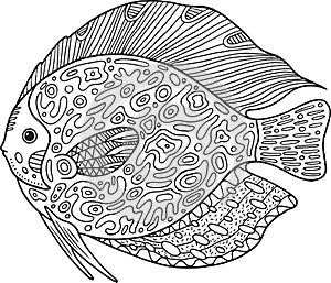 Doodle zentangle fish. Coloring page with animal for adults.