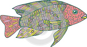 Doodle zentangle fish. Zen art coloring page for adults.