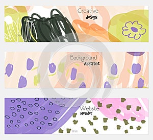 Doodled circles scribbles strokes purple orange banner set