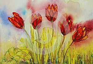 Doodled  red tulips in gras.