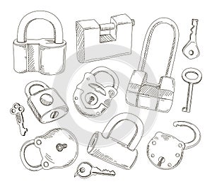 Doodled set of Different Locks and Keys