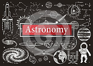 Doodles about astronomy on chalkboard with transparent frame with the word Astronomy