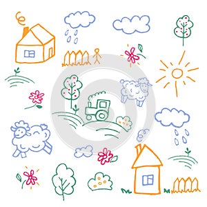 Doodles, children\'s drawings. Colorful children\'s drawings with houses, clouds and sheep.