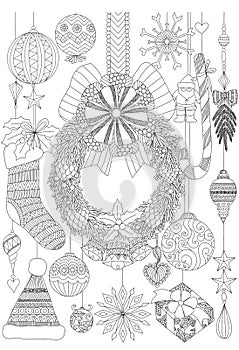 Doodles about Christmas decorative stuffs for adult coloring book pages and Christmas card invitation