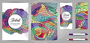 Doodles Corporate Identity and Stationery Templates Set . Colorful zentangle doodle design template. Ethnic tribal wavy set