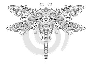 Doodles design of dragonfly for tattoo, design element, T-Shirt graphic and adult coloring book pages - Stock