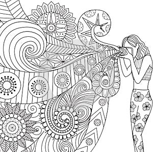 Doodles design of a photographer girl taking photo for coloring book for adult