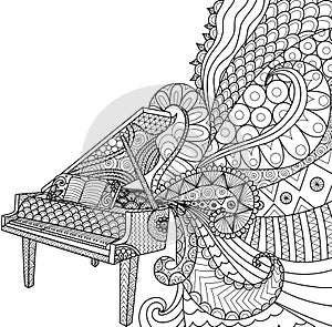 Doodles design of piano for coloring book for adult, poster, cards, design element, T- Shirt graphic and so on - Stock photo