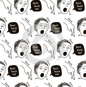 Doodles dont touch hand face hygiene seamless pattern black and white