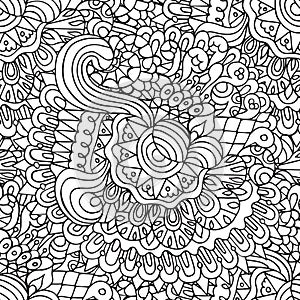Doodles floral and curves outline ornamental seamless pattern