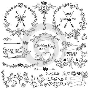 Doodles floral decor set.Borders,elements,wreath