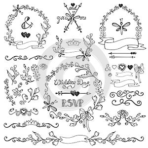 Doodles floral decor set.Borders,wreath,elements