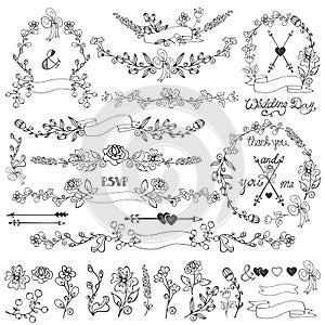 Doodles floral decor set.Wreath,Borders,elements