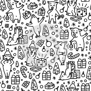 Doodles funnny pigs seamless pattern. Black and white symbol of the 2019 new year monochrome background