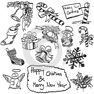 Doodles hand drawn Christmas set, vector