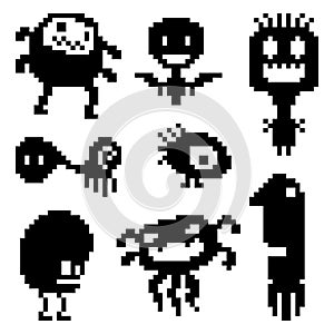Doodles monster pixel 8-bit pattern, Cute doodle set