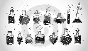 Doodles with pharmaceutical flasks, beakers and test tubes. Sketches of chemical laboratory objects with magic potion on