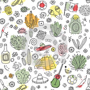 Doodles seamless pattern of Mexico with imitation watercolor.