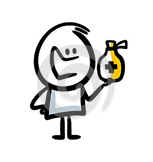 Doole cartoon character with medicine bottle in the hand.