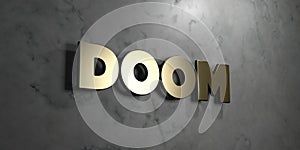 Doom - Gold sign mounted on glossy marble wall - 3D rendered royalty free stock illustration