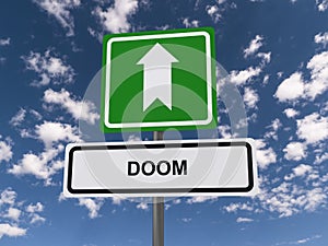 Doom traffic sign on blue sky