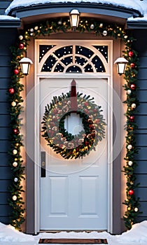 A Door Adorned With A Wreath And Illuminated By Christmas Lights In A Snowy Settin. Generative AI