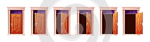 Door animation. Cartoon doors motion open entrance home, game wooden gate choice closing ajar shut room 2d building
