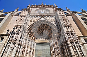 Door of Assumption Spanish: Puerta de la Asuncion of the Sevilla Cathedral in Spain, main portal of the west facade