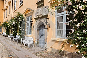 Door and benches on the courtyard of Eutin castle