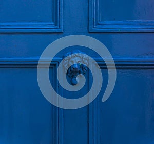 Door with brass knocker in the shape of a lion`s head, beautiful