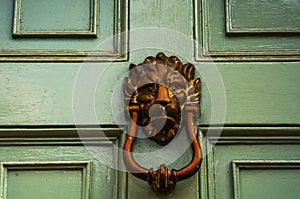 Door with brass knocker in the shape of a lion`s head, beautiful