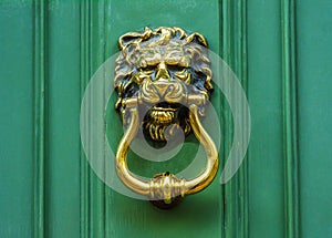 Door with brass knocker in the shape of a lion`s head, beautiful