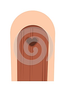 Door is closed. Doorway of house or apartment. Entrance is outside. Arch. Cheerful fairy tale cartoon style. Isolated on