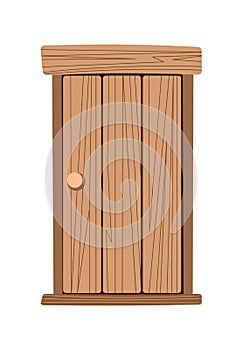 Door is closed. Doorway of house or apartment. Entrance is outside. Rude. Cheerful fairy tale cartoon style. Isolated on