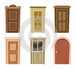 Door is closed. Doorway of house or apartment. Entrance is outside. Set. Cheerful cartoon style. Isolated on white