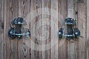 Door decoration with ornate wrought-iron elements, close up