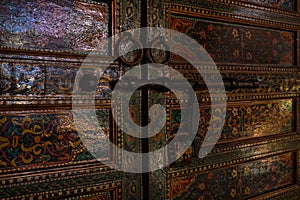 Door Detial iron bolt in Marrakech. Traditional Moroccan style design of an ancient wooden entry door. In the old Medina
