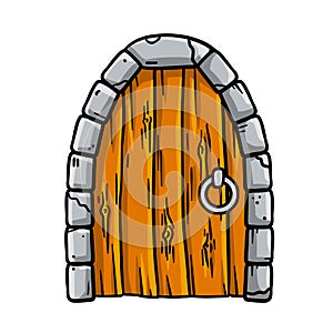 Door of fairy tale castle and tower. Stone entrance with wooden door. Old medieval Doorway.
