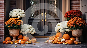 Door front entrance with autumn decorations from mummies flowers, and pumpkins, AI Generated