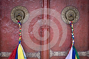 Door handle of gate door of Tibetan Buddhist monastery. Ladakh, India