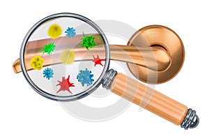 Door handle with germs and bacterias under magnifying glass. 3D rendering