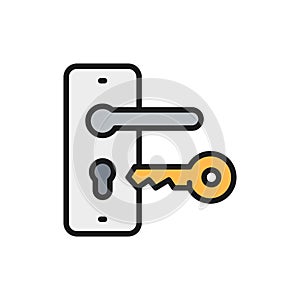 Door handle with key, lock flat color line icon.