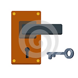 Door handle. Lock and keyhole with a key. Opening and closing doorknob. The doorway and entrance element