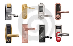 Door handle. Realistic knob and lock with PIN code, biometry and NFC key. Home metallic doorways furniture. Hotel door